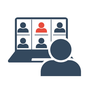 one people in front of laptop monitor with many others, online teaching or distant meeting vector icon