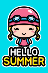 cute girl cartoon vector design on hello summer greeting card