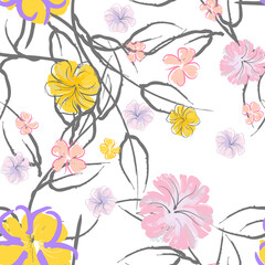 Pink Flowers Blooming Pattern. Pastel Watercolor.