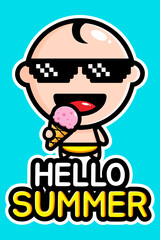 cartoon vector design of baby eating ice cream on hello summer greeting card