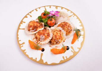 bbq baked cheese fresh scallop on shell seafood canapés with nice plating in white background for Christmas festival menu