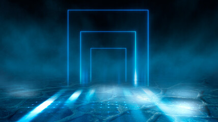 Empty background scene. Dark street reflection on wet asphalt. Rays of neon light in the dark, neon figures, smoke. Background of empty stage show. Abstract dark background.