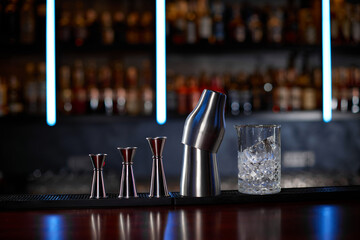 different bar steel tools for preparation cocktails