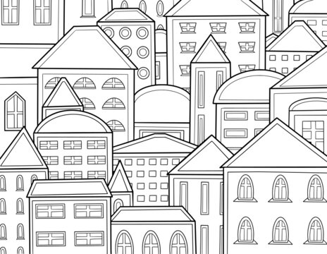 Complex vector coloring with different houses. A small cute city in doodle stile. Black and white.