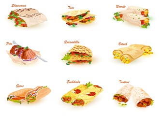 Cartoon collection of middle eastern cuisine, pita bread with meat and vegetable stuffing. Vector snack or lunch, fast food, quick cooking. Concept of food, eating, gourmet isolated on white