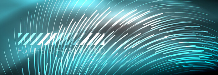 Obraz premium Neon glowing lines, magic energy and light motion background. Vector wallpaper template