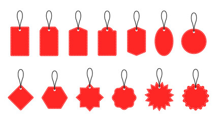 Obraz na płótnie Canvas A set of red paper price tags or gift tags of various shapes isolated on a white background. Vector illustration