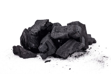 Pile of natural wood pieces charcoal Isolated on white background.