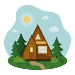 Obraz na płótnie Canvas Landscape of triangle tiny house for comfort camping in forest. Eco friendly rest concept. Vector flat illustration