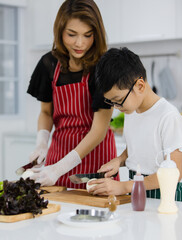 Asian boy cutting fresh onion near mother while cooking lunch together in contemporary light kitchen in weekend at home. Concept for education and learning by doing of modern kid