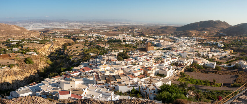 Aerial panoramic view of the touristic town of Nijar in Almeria, Spain