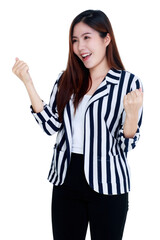 Portrait of beautiful young healthy Asian  woman on black and white stripe suit standing and posing advertising gestures on white background