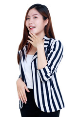funny portrait cutout of beautiful young healthy businesswoman on black and white stripe suit raise hands for palm gesture exciting to express big opportunity of special sale promotion and offer