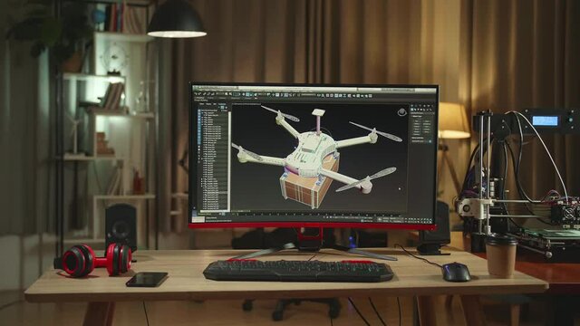 3D Printer And Personal Computer, Screen Shows Cad Software With 3D Prototype Of Drone Delivery
