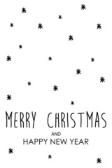 Banner con frase Merry Christmas and Happy New Year manuscrito con copos de nieve en color negro
