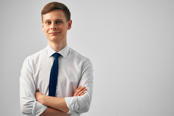 Fototapeta premium man in shirt with tie we start work office posing