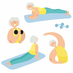 An active grandmother goes in for sports. The grandmother takes care of her health. Set.