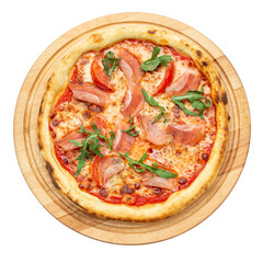 Pizza with ham and arugula, isolated on white background. Prosciutto crudo. Eating food. File contains clipping path.