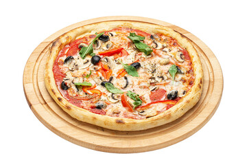 Delicious pizza with meat served on a wooden plate isolated on a white background. Concept for advertising flyer and poster for restaurants or pizzerias. File contains clipping path.