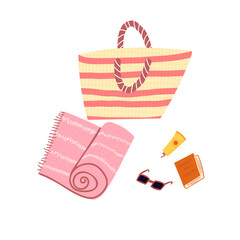 Hand drawn vector illustration of set with summer vacation beach items beach towel, sunglasses, sunscreen, book, striped beach bag. Isolated on white background.