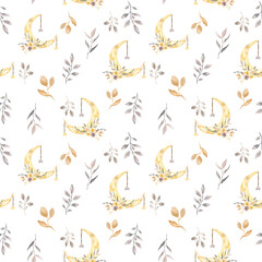 Seamless pattern on a white background with the moon, stars and flora elements. Design for backgrounds, fabrics, paper, etc.