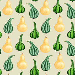 Watercolor autumn pumpkin seamless pattern . Green and yellow pear-shaped gourd. Design for menus and prints.