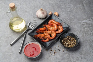 Delicious fried tiger shrimp on the slate