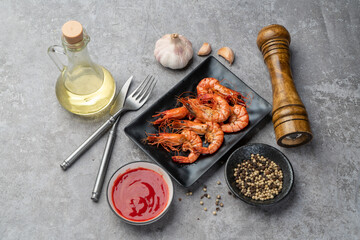 Delicious fried tiger shrimp on the slate