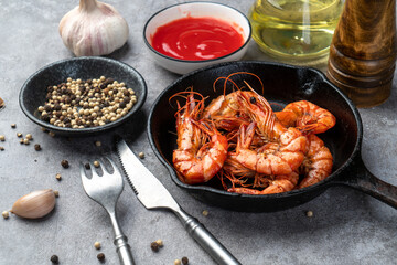 Delicious fried tiger shrimp on the slate