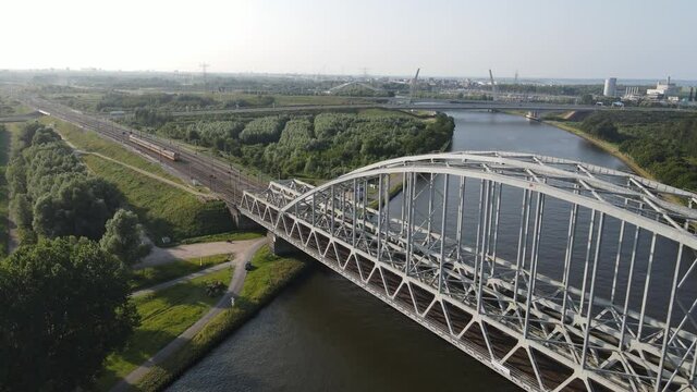 Aerial view of the Muiderspoorbrug over the Amsterdam-Rijnkanaal between Diemen and Weesp.