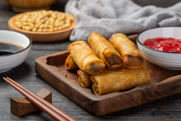 Delicious fried spring rolls and sweet chili sauce