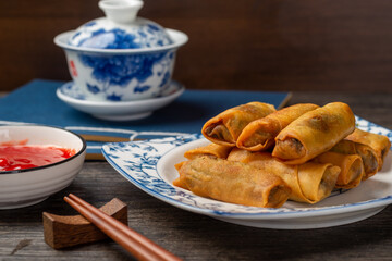 Delicious fried spring rolls and sweet chili sauce
