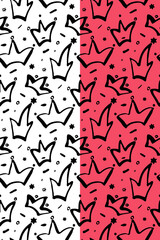Crown ink brush seamless pattern. Thick black doodle blob line. Hand drawn cartoon grunge style. Pink, white easy editable background. Vector