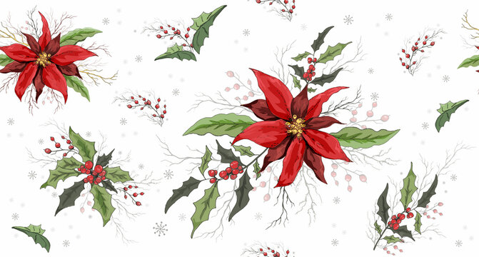 winter seamless vector, flower pattern. modern background with flowers: poinsettia, Holly, Rowan branch. hand-drawn Wallpaper in the style of realism. realistic flowers for print, paper, holiday