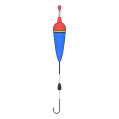 Float icon with weight and hook. Colored cartoon image of complete fishing attachments. Isolated vector illustration on a clean white background.
