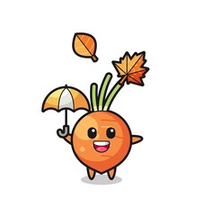 Obraz premium cartoon of the cute carrot holding an umbrella in autumn