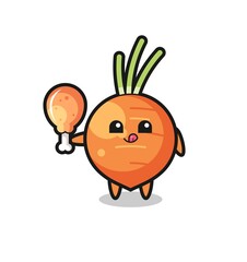 carrot cute mascot is eating a fried chicken