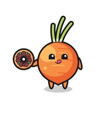 illustration of an carrot character eating a doughnut