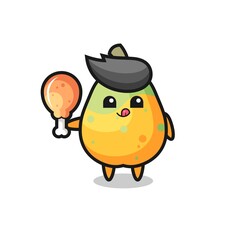 papaya cute mascot is eating a fried chicken