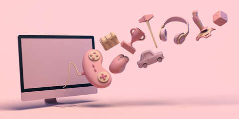 Gaming concept with computer. Banner. Game console controller, dice, headphones, chest, mouse, prize ... 3D illustration.