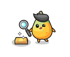 papaya character is checking the authenticity of the gold bullion