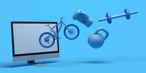 Online sport concept with computer. Banner. Bicycle, boxing glove, dumbbell ... App. 3D illustration. Copy space. App.