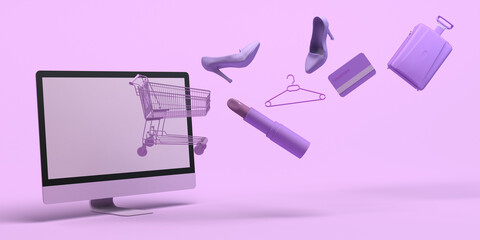 Online shopping concept with computer. Banner. Shopping cart, lipstick, high heel shoe, credit card ... 3D illustration. Copy space. E-commerce.