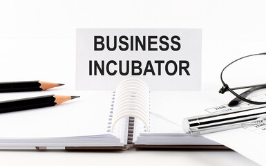 Text BUSINESS INCUBATOR on paper card,pen, pencils, glasses,financial documentation on the table - business concept