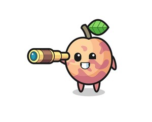 cute pluot fruit character is holding an old telescope
