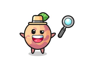 illustration of the pluot fruit mascot as a detective who manages to solve a case