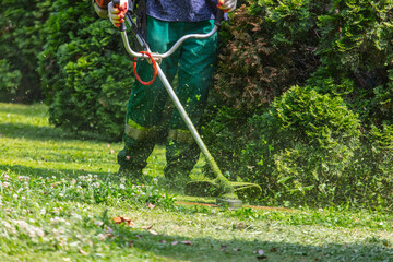 A worker mows the grass