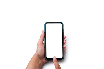 Hand holding cellphone with blank white screen