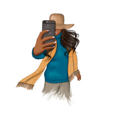 African American Selfie Girl Hand Drawn Illustration	