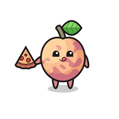 cute pluot fruit cartoon eating pizza